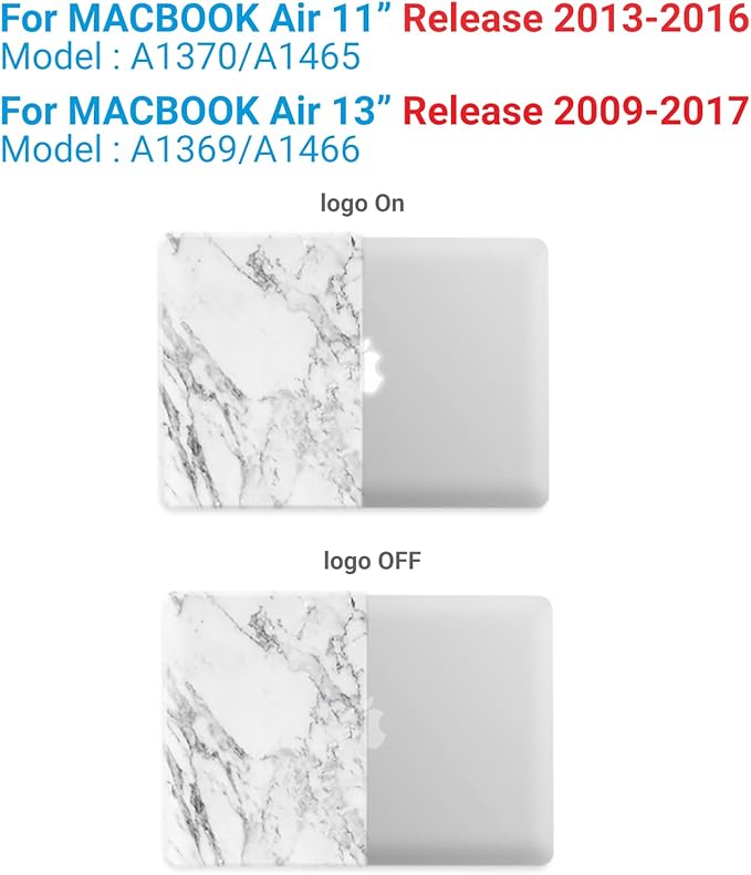 IBENZER Compatible with Old Version MacBook Air 13 Inch Case (2010-2017 Release). Models: A1466 / A1369, Plastic Hard Shell Case with Keyboard Cover for Mac Air 13, White Marble, A1301WHMB+1A