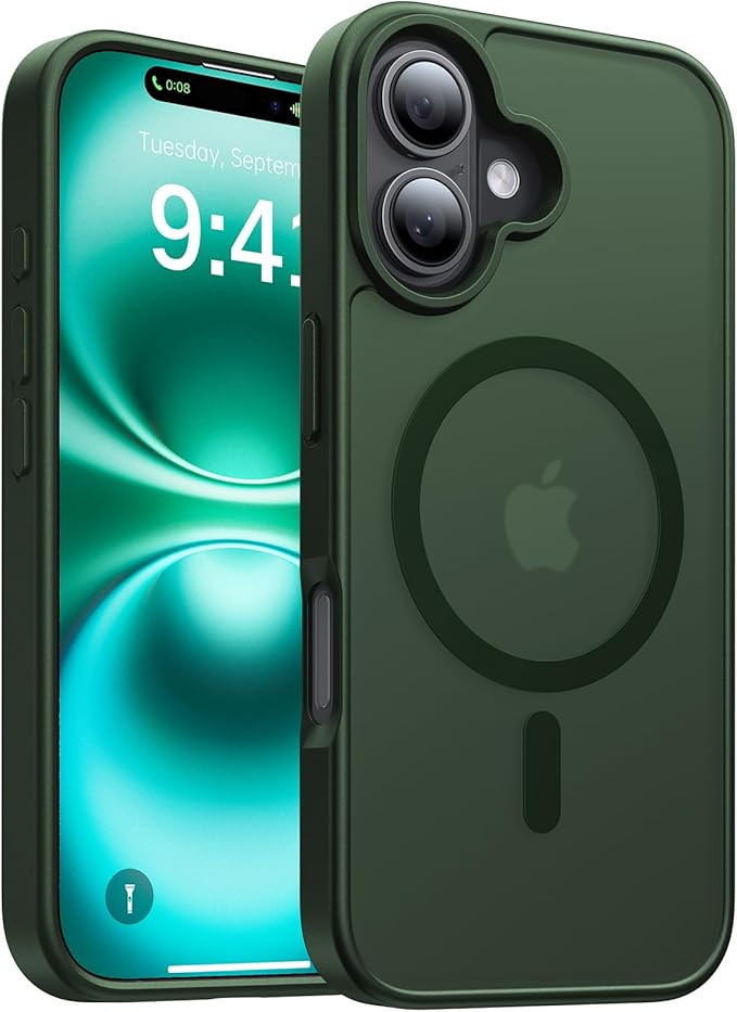 Magnetic for iPhone 16 Case, [Compatible with MagSafe][Military-Grade Drop Protection][Anti-Yellowing] Shockproof Protective Translucent Matte Cover for iPhone 16 Phone Case,Forest Green