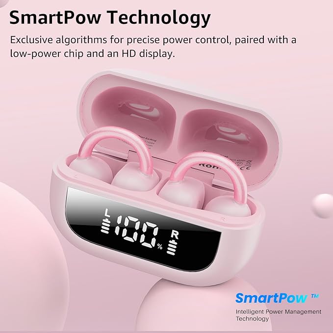 TOZO OpenEarRing True Open Ear Earbuds, Lightweight Comfort Open Ear Clip Wireless Earbuds, 40H Play Bluetooth 5.4 Headphones with Smart Digital Display Design Fit Sports Running, Workout Rose Gold
