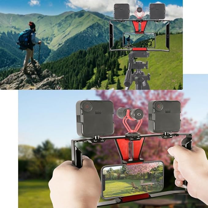 Smartphone Video Cage Rig, HuaerHui Handheld Phone Video Filmmaking Vlogging Stabilizer Grip Tripod Mount Fits Most Phones, with Cold Shoe Mounts, 1/4in Screw Holes to Connect LED Lights/Microphones