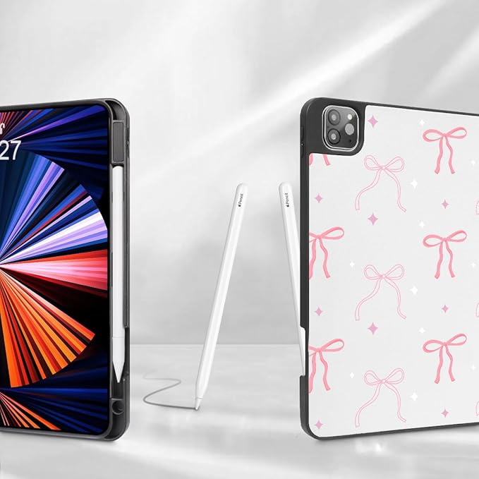 Tuiklo for iPad Pro 12.9 inch 6th / 5th / 4th / 3rd Generation 2022 2021 2020 2018 Release Case- Built in Pencil Holder Slim Protective Cover with Auto Wake/Sleep, Pink White Bows