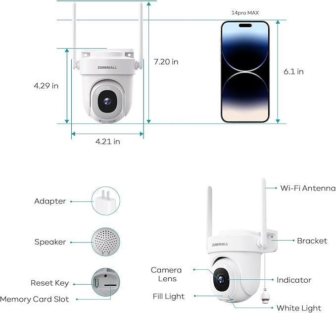 ZUMIMALL 2K Wired Camera for Home Security, 2.4G/5G WiFi Outdoor Camera, 3MP, 24/7 Recording, AI Motion Detection, Cloud & SD Card Storage, 2-Way Audio, 360° PTZ Auto Tracking, Work with Alexa