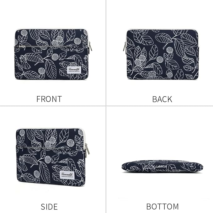 canvaslife Waterproof Pattern 13 inch Canvas Laptop Sleeve with Pocket 13 inch 13.3 inch Laptop 13 case13 Sleeve (Blue Leaves)