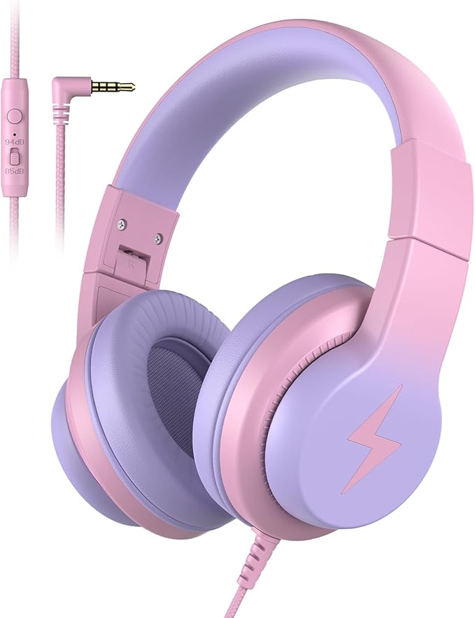 Candy Bila Kids Wired Headphones for Kids with Microphone, 85/94dB Volume Limiter Headphones for Girls Boys, Light Purple
