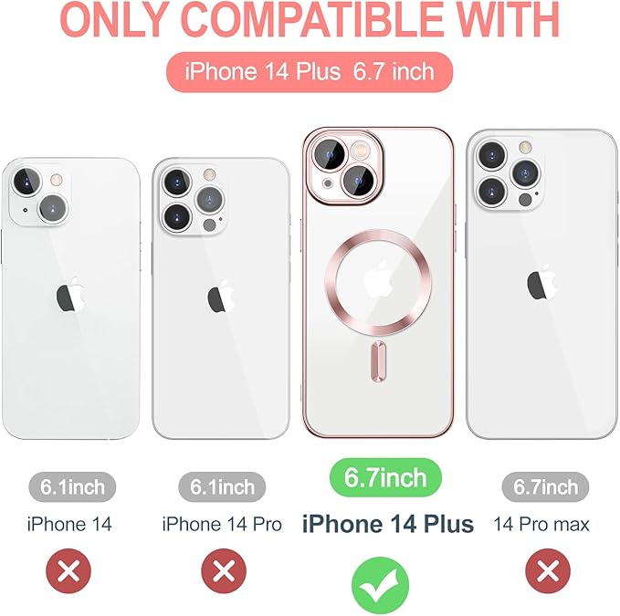 Hython Magnetic Clear for iPhone 14 Plus Case with Camera Lens Protector [Compatible with MagSafe] Luxury Plating Edge Slim Soft TPU Cover Protective Phone Case for iPhone 14 Plus 6.7", Pink