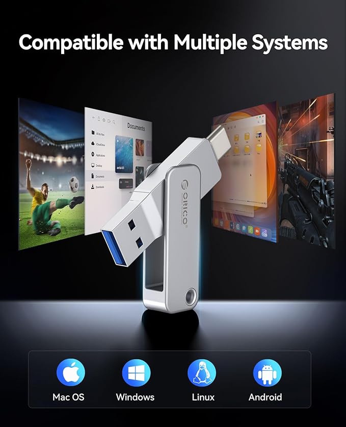 ORICO 64GB Dual USB Flash Drive USB-C & USB-A Mini Thumb Drive Read Speed Up to150MB/s for iPhone 15/16/17, Android, Tablets, Laptops, Mac, Windows Plug and Play-EB05