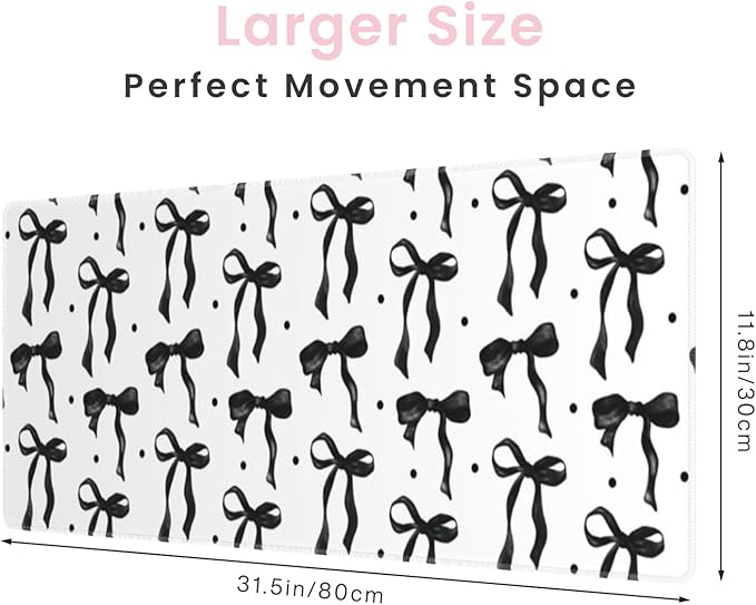 White Mouse Pad with Black Bows, Large Desk Mat Mouse Keyboard Mat for Computer Laptop Non-Slip Rubber Base, Cute Bow Office Mat Girly Desktop Accessories Office Supplies for Girls Women 31.5 x 11.8