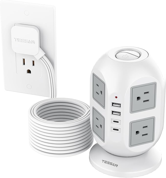TESSAN Tower Surge Protector Power Strip 10 ft, Long Flat Extension Cord with Multiple Outlets, 8 AC Outlets with 4 USB Ports (2 USB C), Charging Station with Surge Protection, for Home Office Dorm