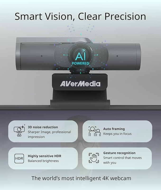 AVerMedia PW515 4K Ultra HD Business Webcam with Microphone for PC/Desktop/Laptop/Mac, with AI Auto Framing for Streaming, Meeting, Video Calls, Sony Sensor, Works with Teams, Zoom, Google Meet, OBS