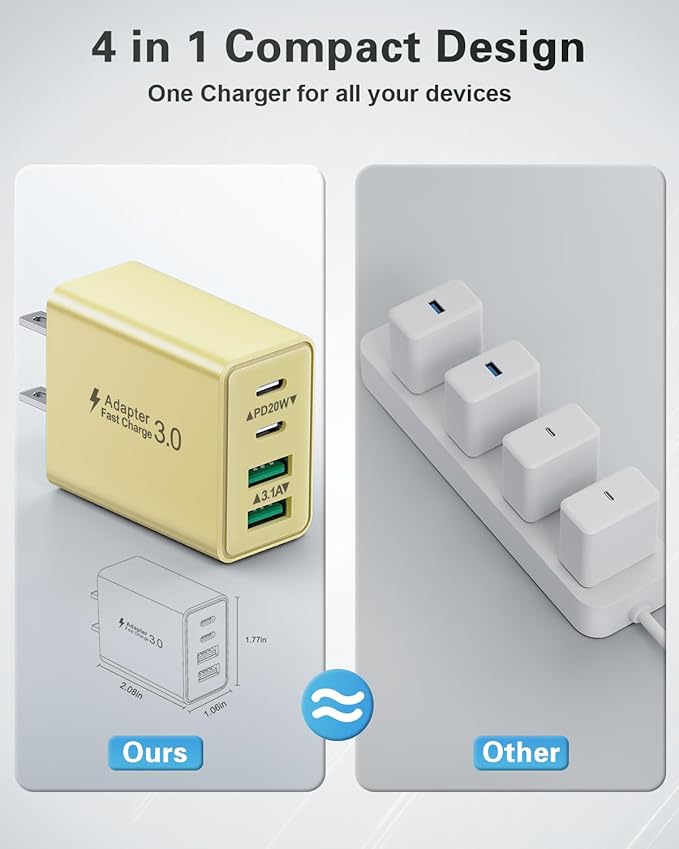 2-Pack USB C Charging Block, 40W Fast USB C Charger Block 4-Port Dual PD Power Adapter + QC Wall Plug Multiport Type C Charging Block Cube for iPhone 16 15 14 13 12 11 Pro Max Plus, Samsung