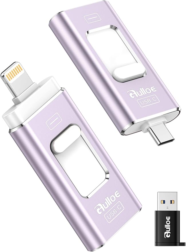 Gulloe 256GB Dual Interface Flash Drive for Phone Storage Photos Videos, Phone USB Backup External Photo Memory Stick - No App Required, Compatible with iPhone, iPad, Android & PC (Lavender Purple)