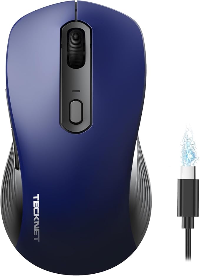 TECKNET Rechargeable Bluetooth Mouse, [ USB + BT5.0 + BT3.0 ] Wireless Mouse, Ergonomic Design, Silent Click, 6-Level 4800 DPI Wireless Mice, 3-Device Switching for Laptop, Computer, MacBook（Blue）