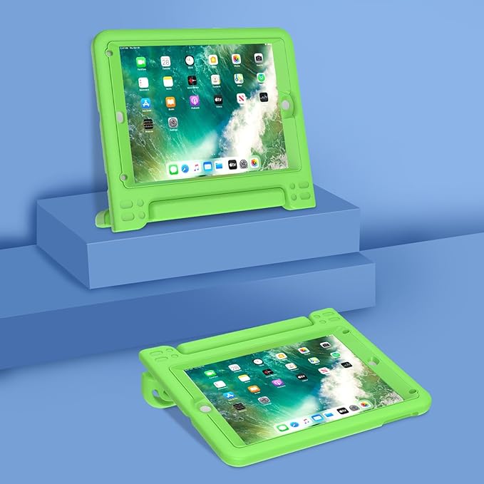 AVAWO Kids Case for iPad 9.7 2017/2018 & iPad Air 2 with Built-in Screen Protector - Light Weight Shock Proof Convertible Handle Stand Friendly Kids Cover for 9.7 iPad 5th & 6th Gen - Green
