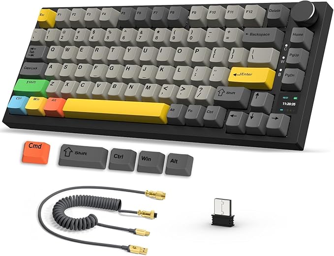 Attack Shark ajazz AK820 Pro 75% Mechanical Keyboard and Coiled Cable Hot Swappable Wireless 2.4GHz/Bluetooth/Wired TFT Screen & Knob Flying Fish Switch RGB Gasket Mount Custom Keyboard-Black