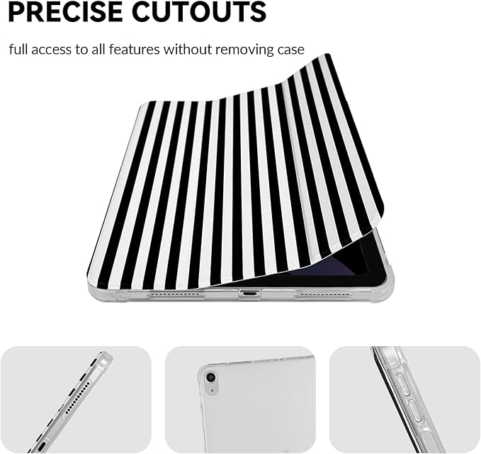 Lovmooful Compatible for iPad Air 6th 11-inch M2 (2024),iPad Air 5/4 (2022/2020 5th/4th Generation 10.9-Inch) Case with Pencil Holder Cute Striped Design Soft TPU Trifold Stand Protective-Black&White