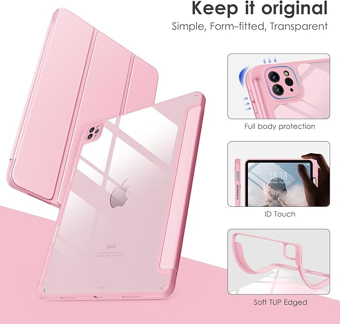 VIKESI for iPad Pro 11 Inch 4th/3rd/2nd/1st Generation Case, iPad Air 11-inch / 5th / 4th Generation Case with Clear Back,Pencil Holder,Auto Sleep/Wake,Camera Protection,Pink