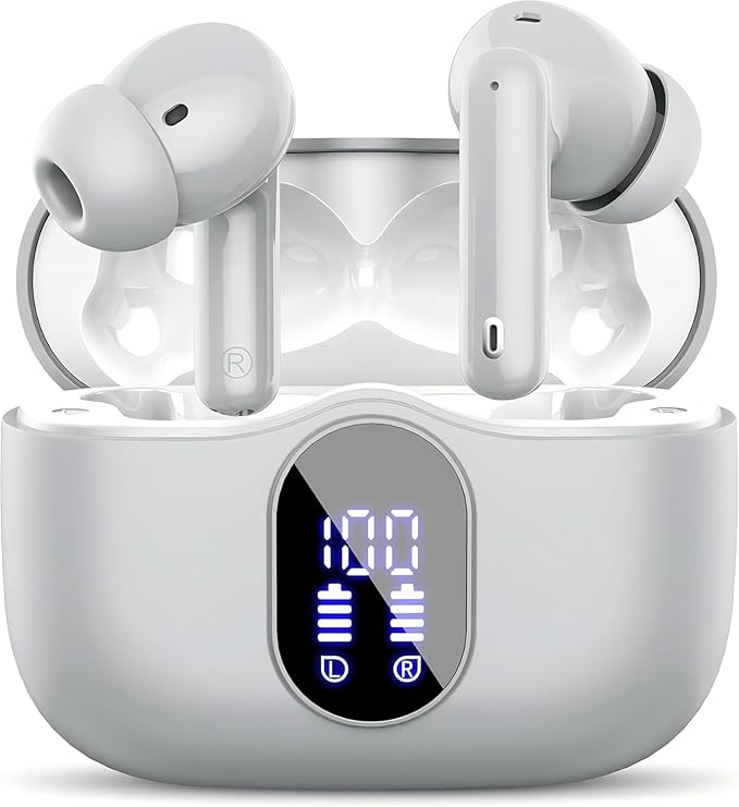 Btootos Wireless Earbuds Bluetooth 5.3 Headphones Bass Stereo Ear Buds with Noise Cancelling Mic LED Display in Ear Earphones IP7 Waterproof 36H Playtime for Laptop Pad Phones Sports Graphite Gray