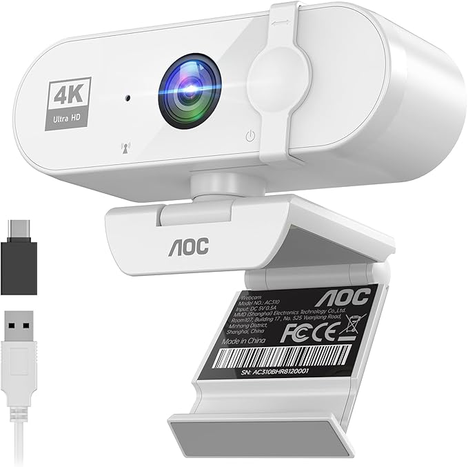 AOC White 4k Webcam for PC with Microphone, Computer Camera with Noise Cancellation, Privacy Cover, 99° FOV, Plug & Play USB Webcam for Streaming, Conferencing, Zoom, Skype, Facetime