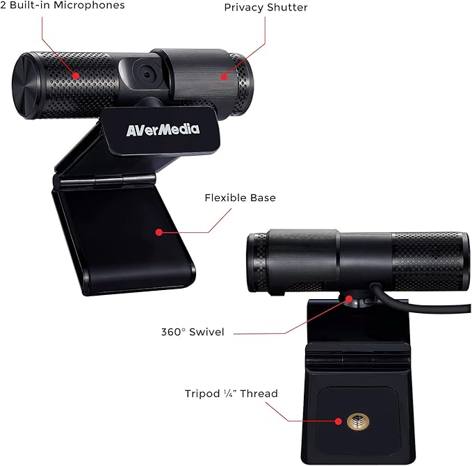 AVerMedia Live Streamer Cam 313 - Full HD 1080P Webcam with Privacy Shutter, Dual Microphone, 360 Degree Swivel for Video Conference - NDAA Compliant (PW313)