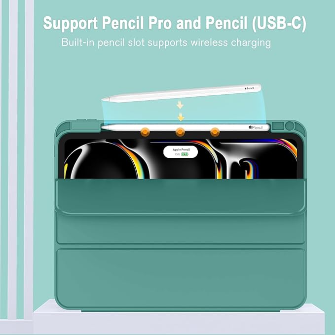 ZryXal New iPad Pro 13 Inch Case (M5) 2025 / (M4) 2024 with Pencil Holder, Smart iPad Case [Support Pencil Pro and Pencil (USB-C)], Support Touch ID and Auto Wake/Sleep (Forest Green)