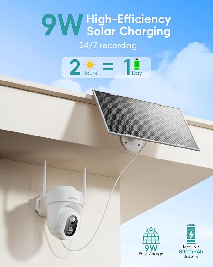 ZUMIMALL 24/7 Recording Solar Security Cameras Wireless Outdoor, 9W Solar Panel, 2K AOV Cameras for Home Security, 360° Auto Tracking, Color Night Vision, 2.4GHz WiFi, 512G Local Storage(Not Include)