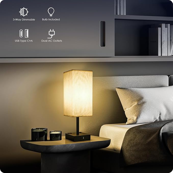 Bedside Table Lamps Set of 2 - Touch Nightstand Lamp for Bedroom with USB C+A Charging Ports & AC Outlets, 3-Way Dimmable Desk Lamp Flaxen Fabric Shade for Living Room Office(Bulb Included)