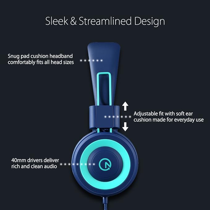 Kids Headphones - noot products K11 Foldable Stereo Tangle-Free 3.5mm Jack Wired Cord On-Ear Headset for Children/Teens/Boys/Girls/Smartphones/School/Kindle/Airplane Travel/Plane/Tablet (Navy/Teal)