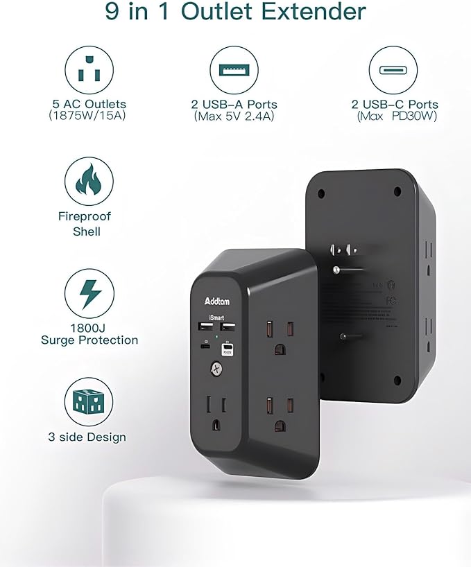 Addtam 5-Outlet Extender Surge Protector, Multi Plug Wall Outlet with 4 USB Wall Charger(PD 30W), Plug Extension Outlet 1800J, Outlet Splitter Power Strip for Home Office Dorm Room Essentials, Black