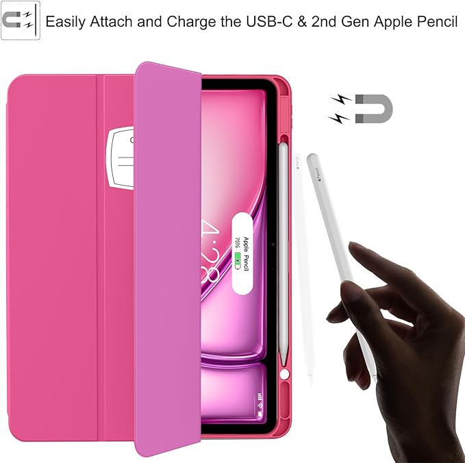 Soke Case for iPad Air 13 Inch (M4/M3/M2,2026-2024), iPad Pro 12.9" 6th/5th Generation with Pencil Holder(2021 2022 Release)-[Apple Pencil Charging + Auto Wake/Sleep] Soft Back Cover, Note Hot Pink