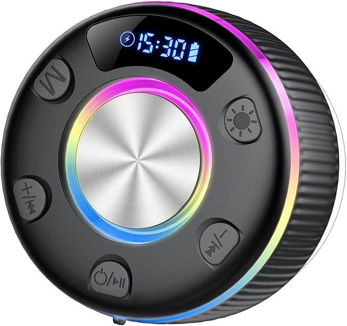 Bluetooth Shower Speaker, IP7 Waterproof Portable Bluetooth 5.3 Speakers with Suction Cup, Mini Wireless Speaker with RGB Lights Time Display, Loud Stereo Sound for Bathroom Beach Outdoor Party Gift