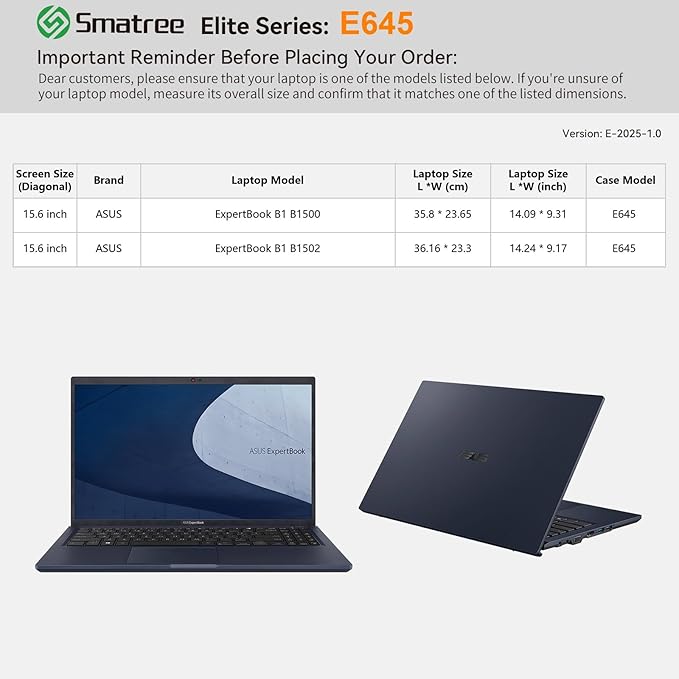 Smatree Laptop Sleeve for 15.6 inch ASUS ExpertBook B1 B1502/B1500, Laptop Case with Accessory Pocket, YKK Zipper, Patented Super-Corner Design(E645)