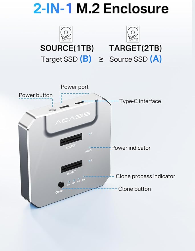 ACASIS 20Gbps M.2 NVMe SSD Cloner & Docking Station, Dual-Bay Offline Duplicator with Aluminum Heat Dissipation Enclosure, Tool-Free USB Adapter for M Key PCIe NVMe SSD Reader