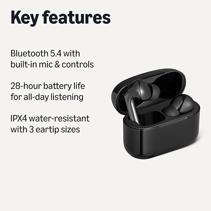 Amazon Basics Bluetooth Headphones True Wireless Earbuds IPX4Waterproof, in-Ear w/Mic,Charging Case, Black