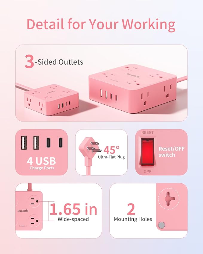 Extension Cord with Multiple Outlets, SMALLRT Power Strips with Surge Protection, 6.5FT Flat Plug Power Strip with USB Ports, 8 Outlets, Outlet Extender Surge Protector Outlet for Home Office, Pink