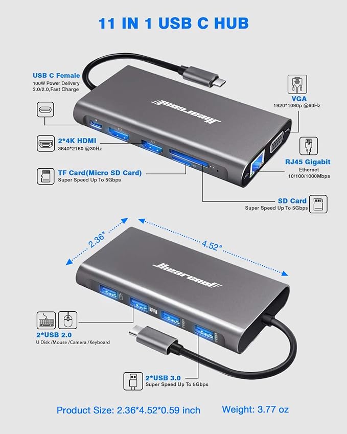 Hiearcool USB-C Docking Station for Laptop, Triple Display Dock with 4K HDMI & 1080p VGA, 11-in-1 USB-C Dock with Ethernet, 100W Charging for Home Office