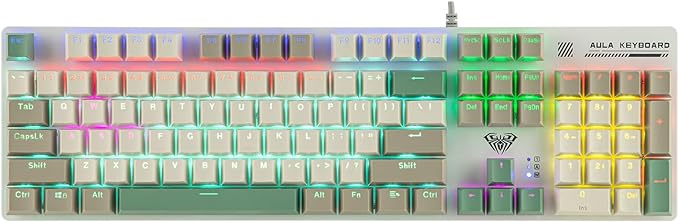 MechLands Aula S500 Wired Gaming Keyboard, 100% Full Size Mechanical Keyboard with Number Pad, 104 Keys, NKRO, RGB Backlits, Shine Through Keycaps, Ergonomic for PC E-sports (White&Green, Blue Switch)