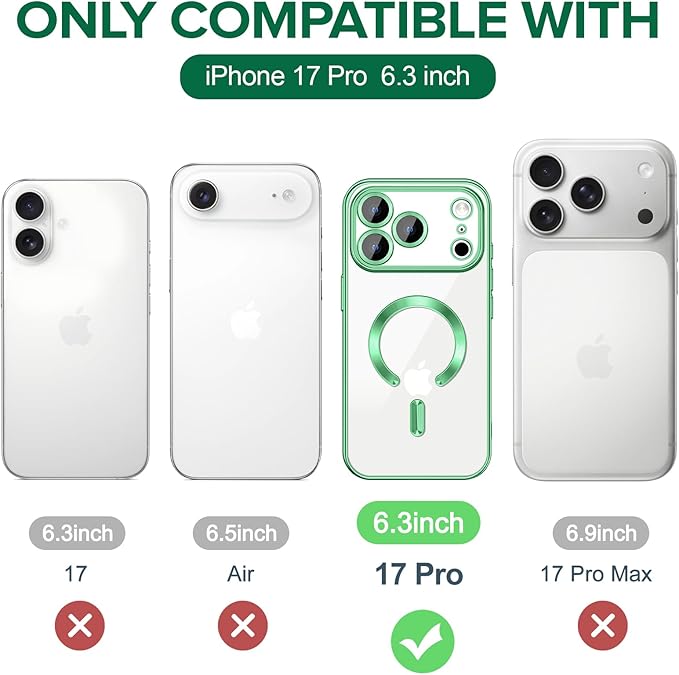 Hython Magnetic Clear for iPhone 17 Pro Case with Camera Lens Protector [Compatible with MagSafe] Luxury Plating Edge Slim Soft TPU Cover Protective Phone Case for iPhone 17 Pro 6.3", Light Green