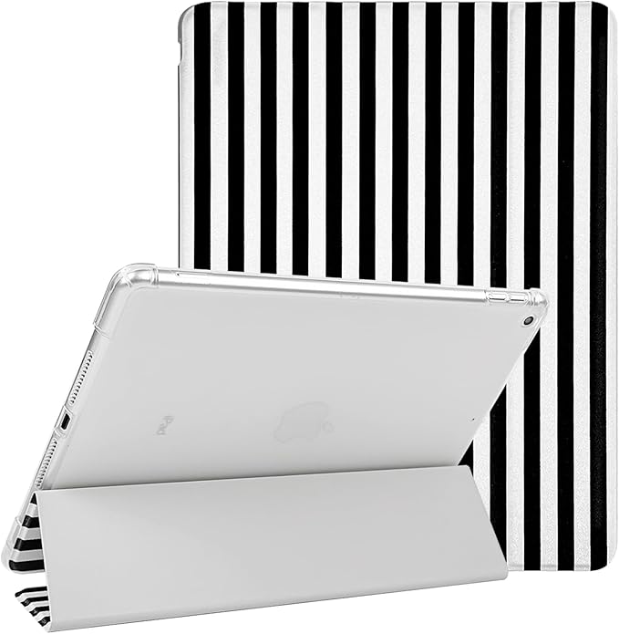 Lovmooful Compatible for iPad 9/8/7 (10.2-Inch,2021/2020/2019 Model,9th/8th/7th Generation) Case with Pencil Holder Cute Striped with Aesthetic Design Soft TPU Trifold Stand Protective-Black&White
