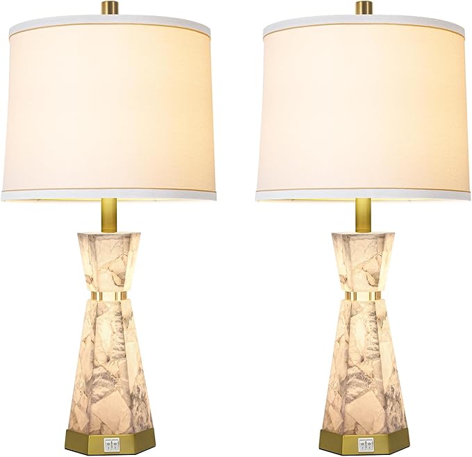 Natural Alabaster Table Lamp,Living Room Lamps Set of 2,Nightstand Lamp with Night Light,Lamps for Living Room With Linen Fabric Shade,Bedside Lamp with Usb A+C Ports for Bedroom,Hotel(Bulb Included)