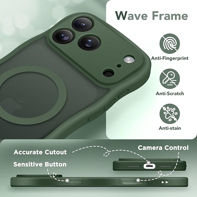 CAPRARO Magnetic for iPhone 17 Pro Case for Women Girls, Upgraded [Full Camera Protection] [Compatible with MagSafe] Cute Wave Translucent Matte Phone Case for iPhone 17 Pro, Deep Green