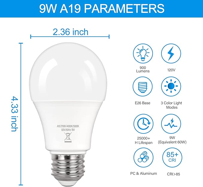 PARTPHONER A19 LED Light Bulbs, 60W Equivalent Efficient 9W LED Bulb, 3 Color Light Modes Light Bulbs, 900 Lumens, CRI 85+, 25000+ Hours Lifespan, Pack of 2