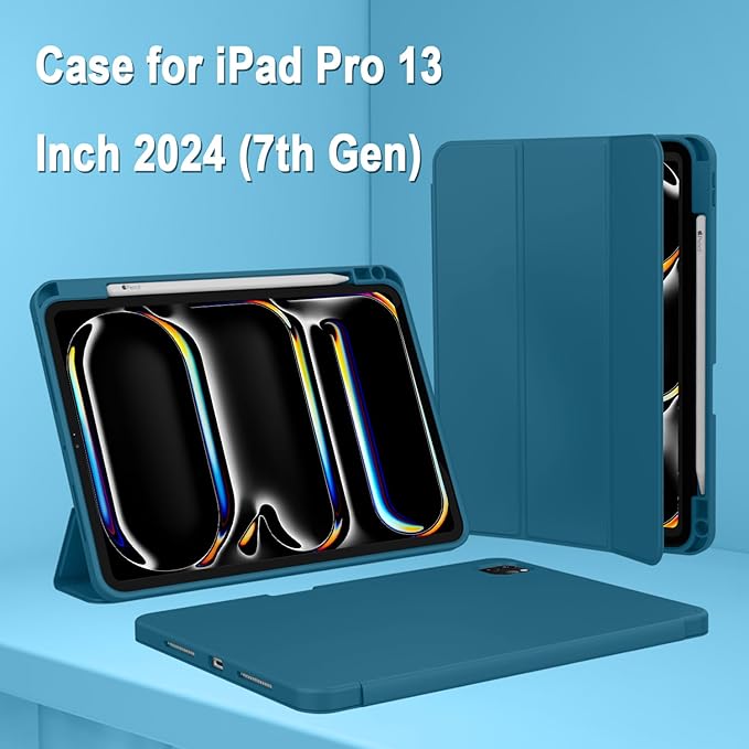 ZryXal New iPad Pro 13 Inch Case (M5) 2025 / (M4) 2024 with Pencil Holder, Smart iPad Case [Support Pencil Pro and Pencil (USB-C)], Support Touch ID and Auto Wake/Sleep (Teal)