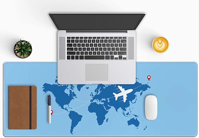 World Map with Airplane Desk Mat Blue Large Mouse Pad XL Extended Gaming Mousepad Keyboard Mouse Mat Desk Pad for Computer Laptop 31.5''X11.8'' Non-Slip Rubber Base with Stitched Edges