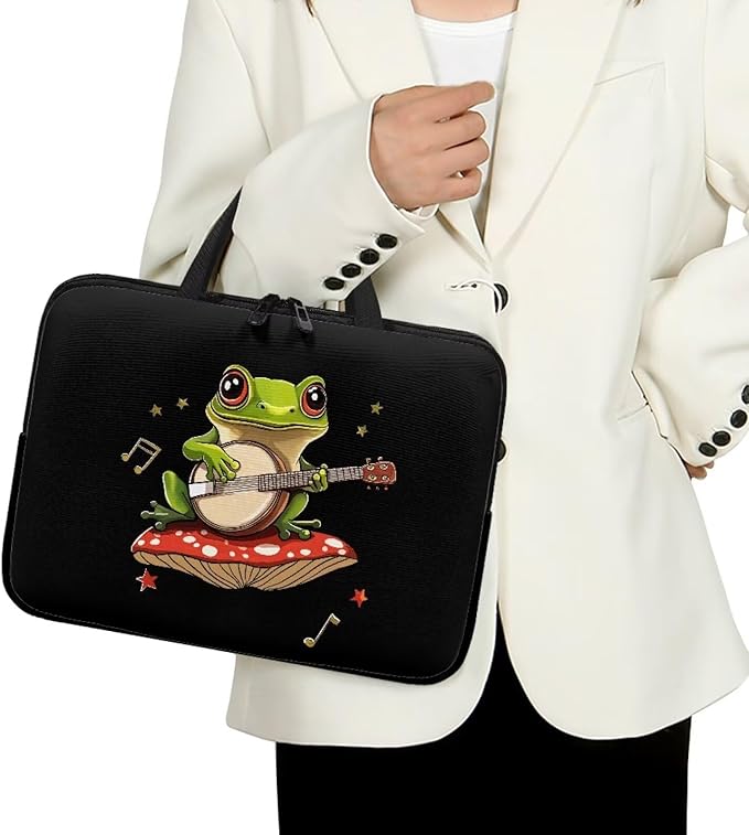 12 Inch Mushroom Frog Laptop Sleeve, Protective Tablet Case with Handle, Water Resistant Zipper Computer Carrying Bag Notebook Cover Messenger Briefcase for Travel/Business/School