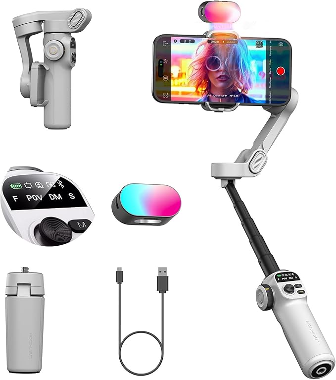 AOCHUAN Smart X2 3-Axis Gimbal Stabilizer for Smartphone with Adjustable RGB Fill Light, Built-in 20cm Extension Pole Selfie Stick, OLED Screen for Night Shots, Video Recording,X2 KIT White