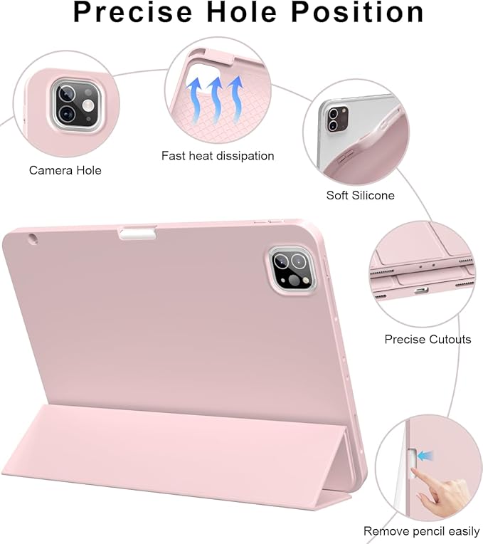 for iPad Pro 12.9 Case (6th/5th/4th/3rd Generation 2022/2021/2020) & ipad Air 13 inch case (M3 2025/M2 2024) with Pencil Holder, Smart Slim Trifold Stand Case with Soft TPU Back (Pink)