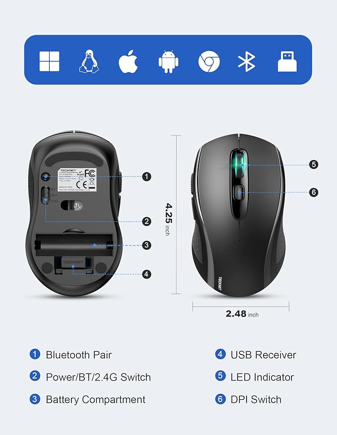TECKNET Wireless Mouse for Laptop, 2.4G Ergonomic Optical Mouse Silent Bluetooth Mouse(BT5.0) 4000DPI Adjust, Computer Portable PC Quiet Mice with USB-A Receiver & 6 Buttons for Mac, 18 Months Battery