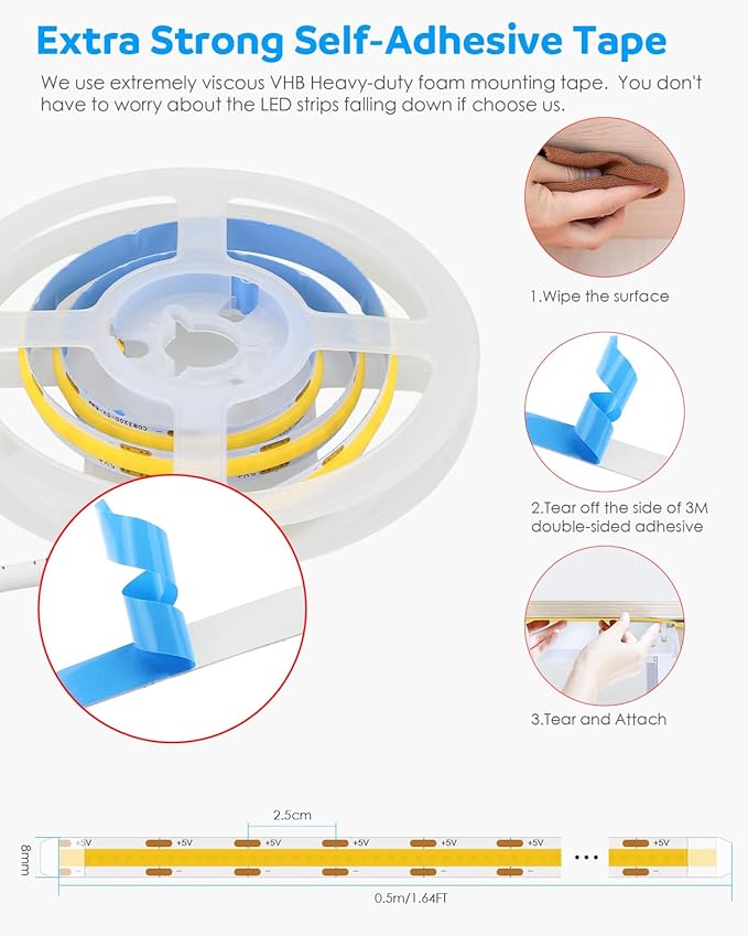 Aclorol USB COB LED Strip 50cm White LED Strip Lights for Bedroom Dimmable Light Strip with Dimmer High Density and Bright for Kitchen Cabinet Display Case Craft Lighting Project 6000K 1.64FT/0.5M