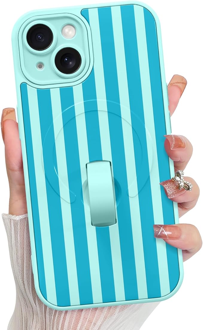 KANGHAR Compatible with iPhone 15 Case, Support for MagSafe, Silicone Stripes Cute Pattern, Wristband Kickstand Camera Protection Soft Slim Cover for Girls Women -Blue