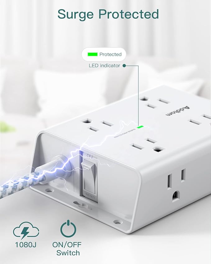 Addtam Surge Protector Power Strip, 8 Widely Outlets with 4 USB Ports (2 USB C), 5ft Extension Cord with Multiple Plug Outlets, 3 Side Outlet Extender, Flat Plug, Wall Mount, ETL, White